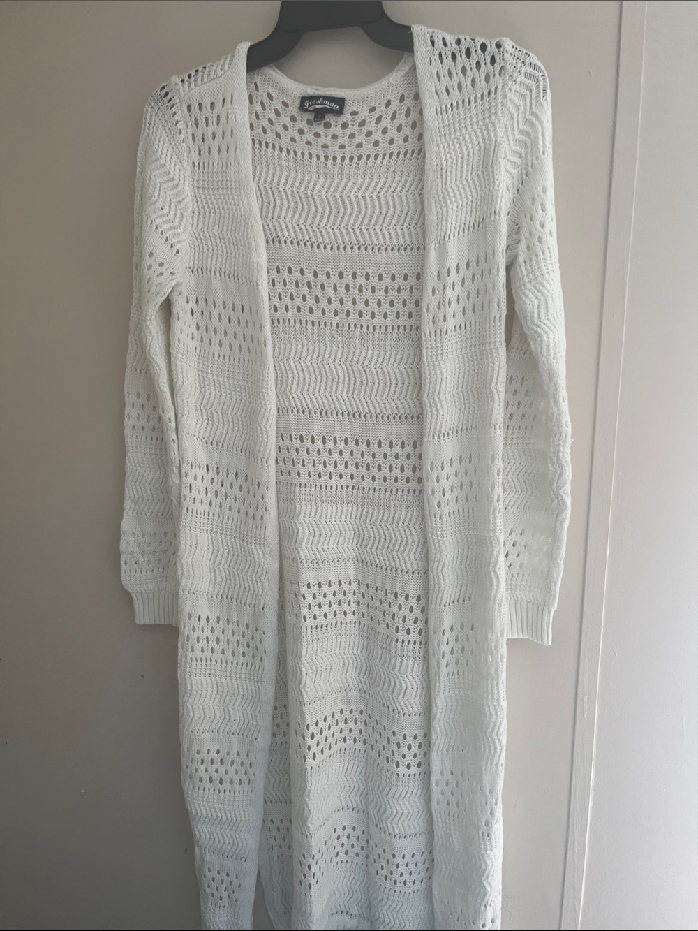 Freshman White Open-Front Long Knit Cardigan